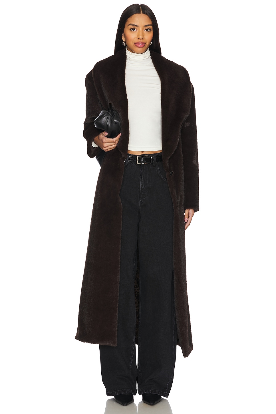 AEXAE Faux Fur Long Line Belted Coat
