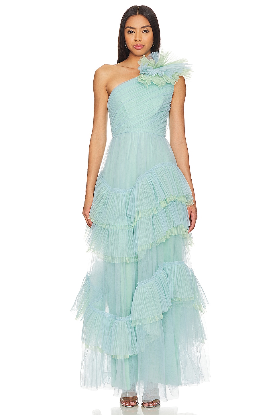 BCBGMAXAZRIA One Shoulder Tulle Gown