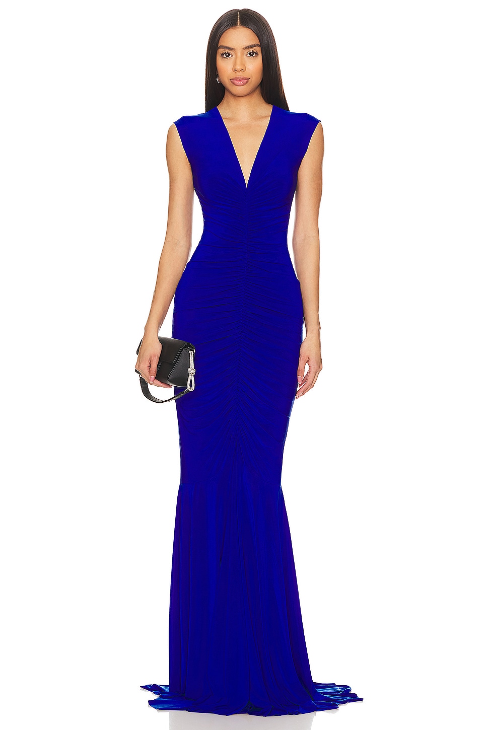 Norma Kamali Sleeveless Deep V Neck Shirred Front Fishtail Gown