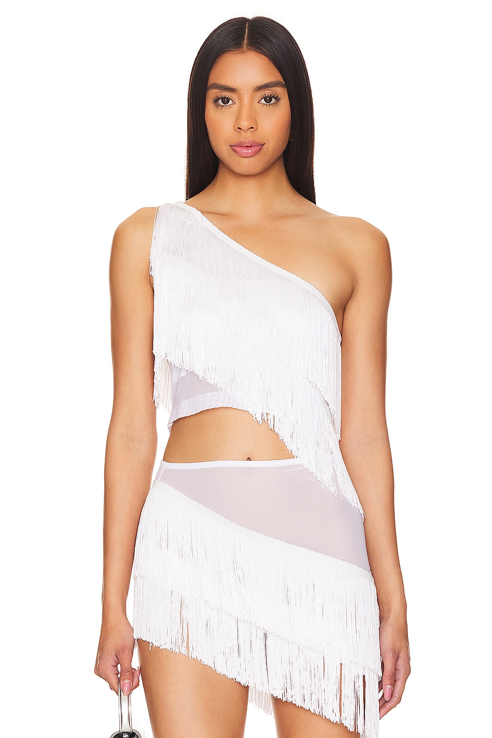 Norma Kamali Spliced Cropped One Shoulder Fringe Top